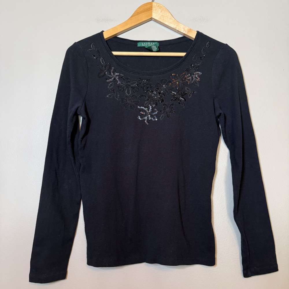 Lauren Ralph Lauren Black Beaded Sequin Floral Long Sleeve Cotton Top Small